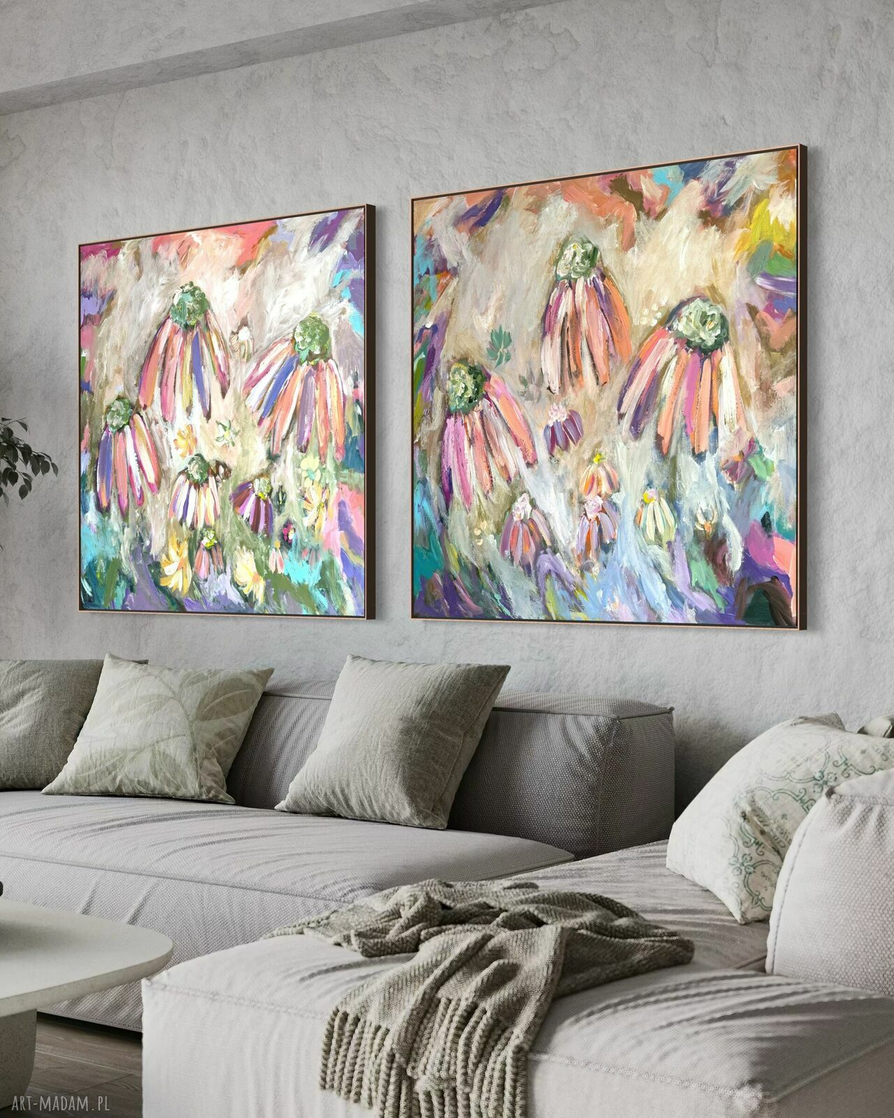 Zestaw nowoczesnych obrazów abstrakcyjnych 100x100 cm - kwiaty na płótnie akryl