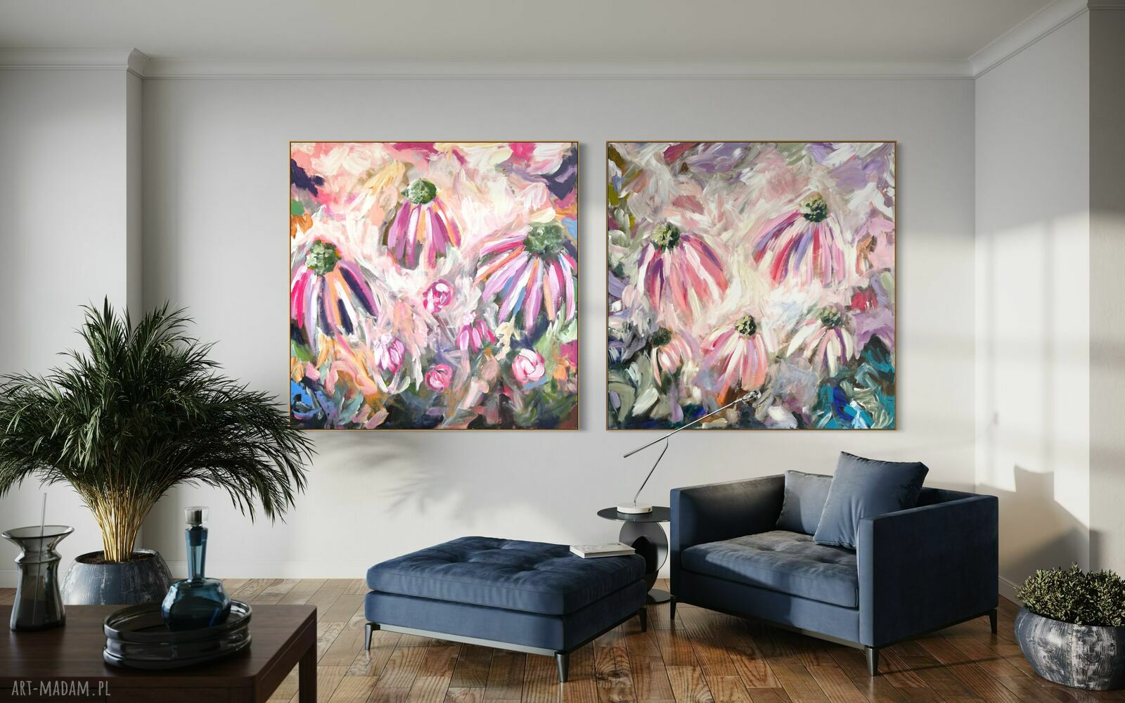 Zestaw dwóch ręcznie malowanych obrazów abstrakcyjnych 100x100 cm