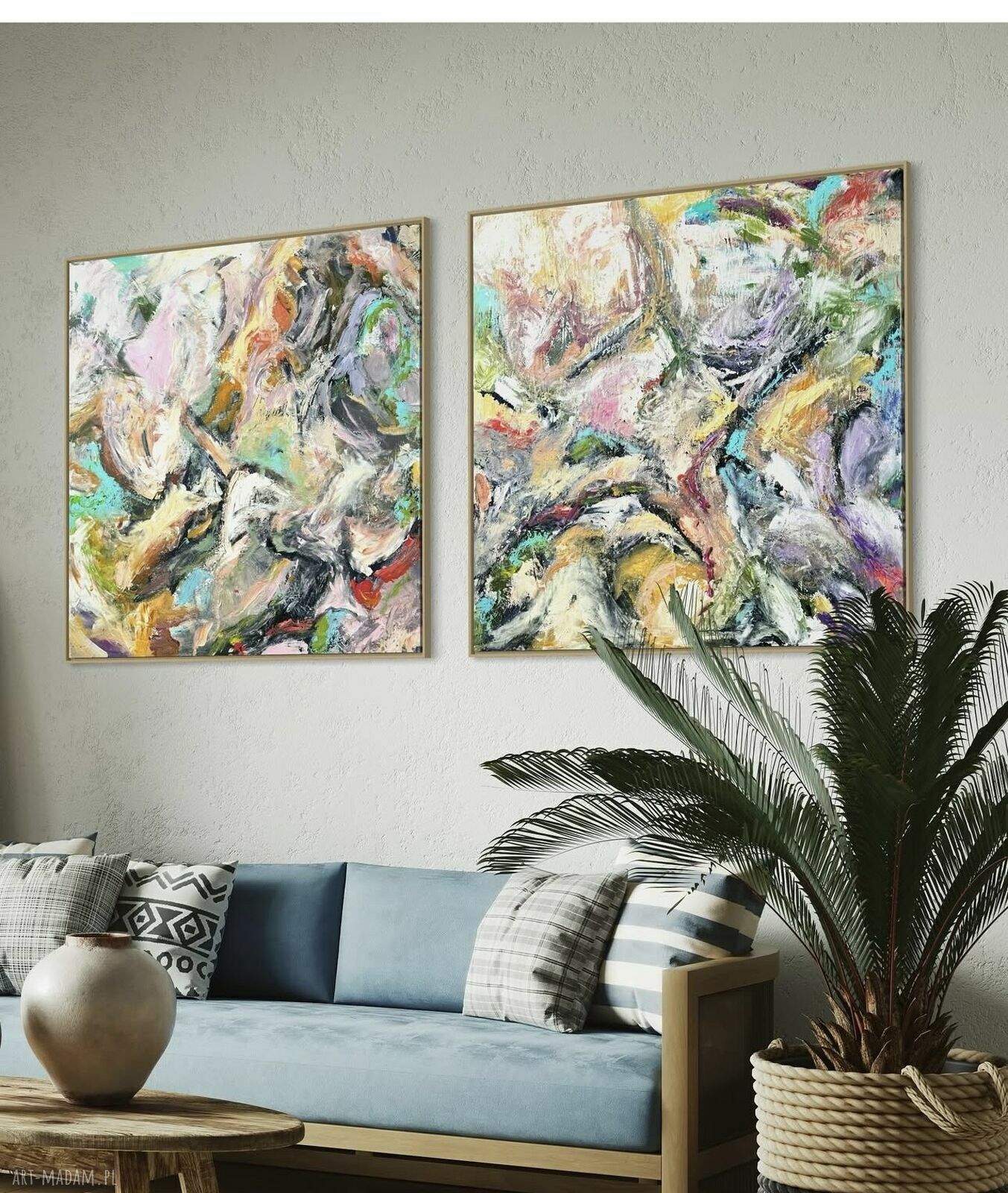 Zestaw dwóch obrazów abstrakcyjnych 80x80 cm - malowane akrylem na płótnie