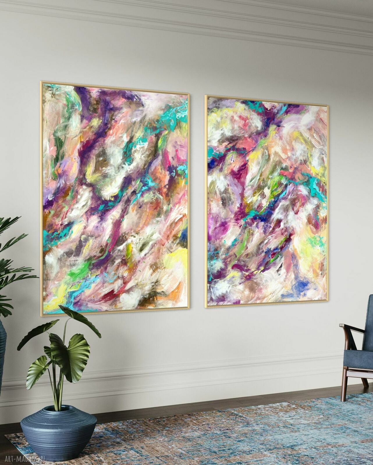 Zestaw obrazów 140x100 cm - ręcznie malowane akrylami na płótnie (2x 70x100)
