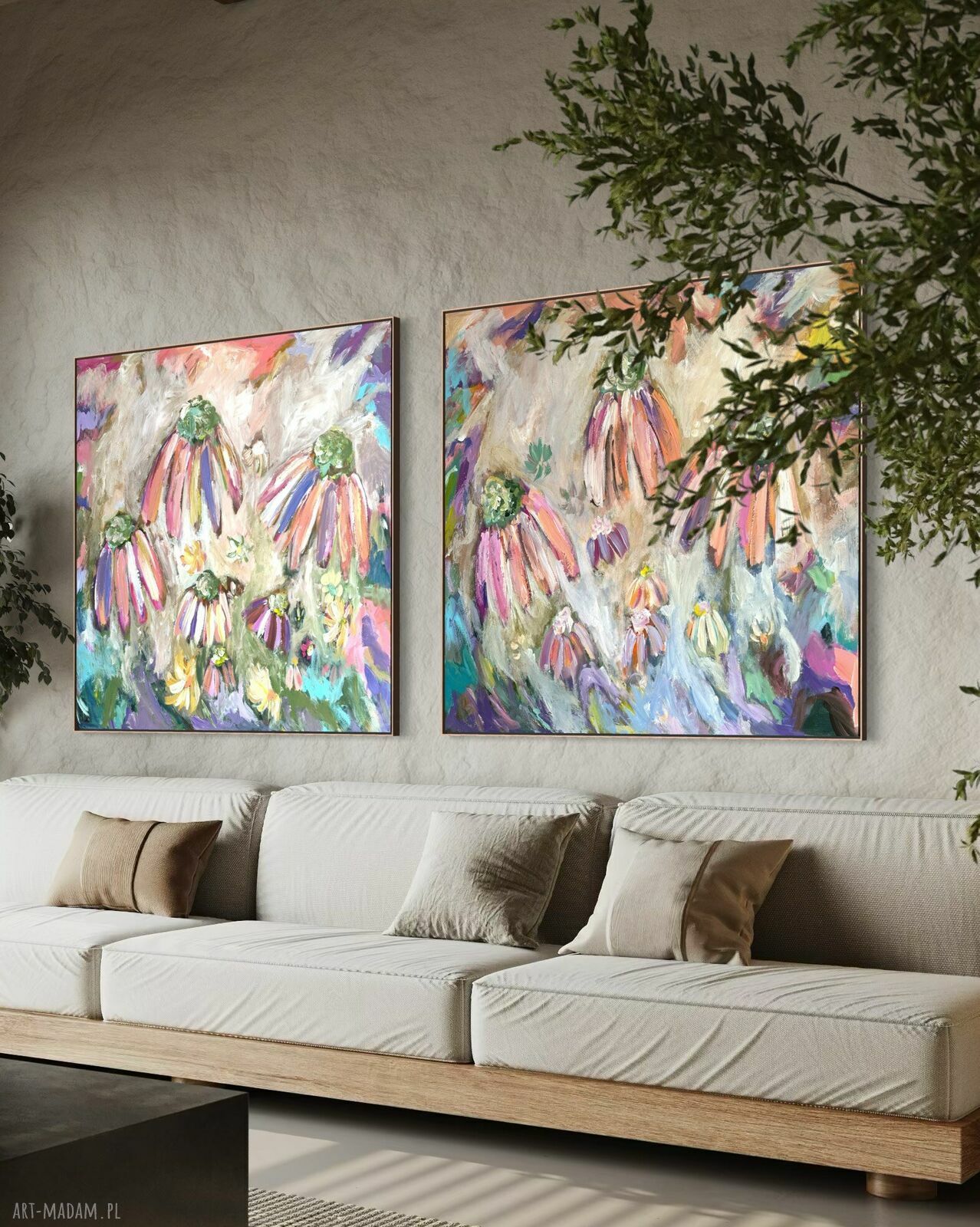 Zestaw nowoczesnych obrazów abstrakcyjnych 100x100 cm - kwiaty na płótnie (akryl)