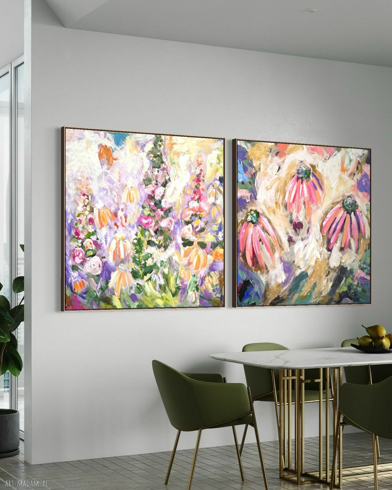 Zestaw ręcznie malowanych obrazów kwiatowych 80x80 cm na płótnie