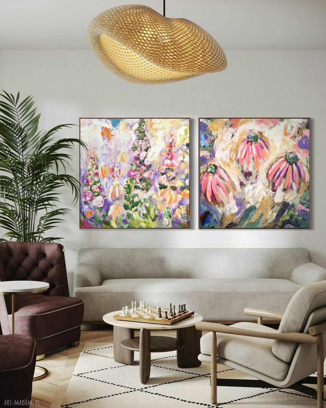 Zestaw ręcznie malowanych obrazów kwiatowych 80x80 cm na płótnie