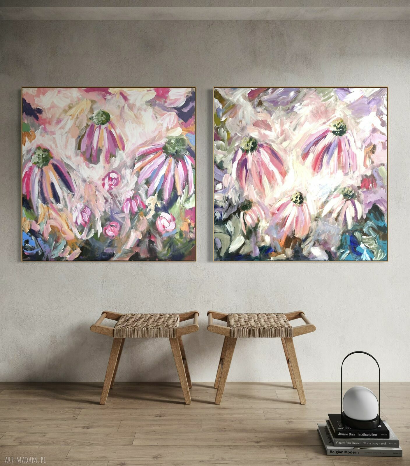 Zestaw dwóch ręcznie malowanych obrazów abstrakcyjnych 100x100 cm