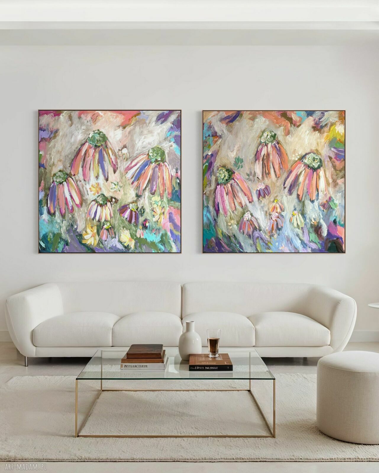 Zestaw nowoczesnych obrazów abstrakcyjnych 100x100 cm - kwiaty na płótnie (akryl)