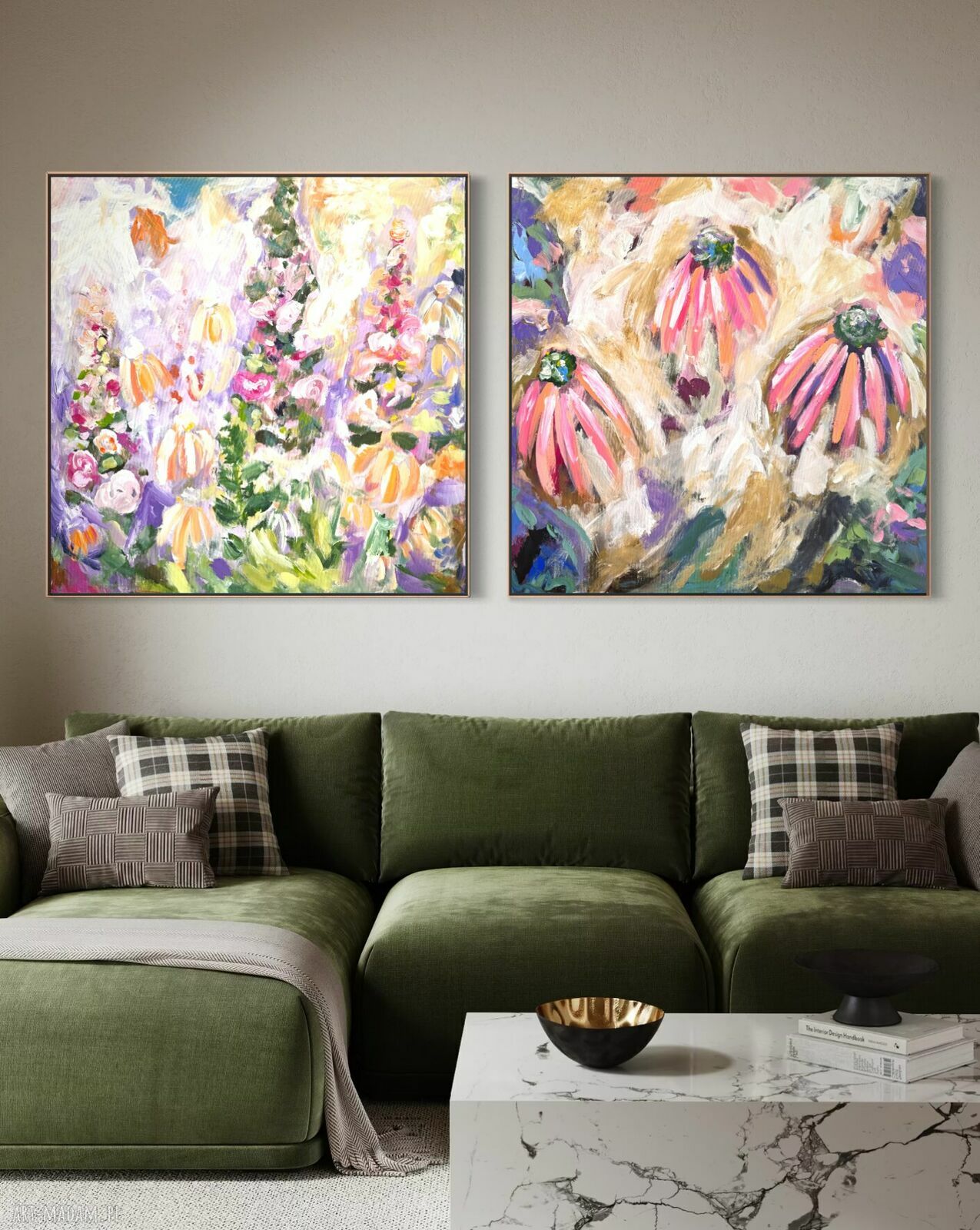 Zestaw ręcznie malowanych obrazów kwiatowych 80x80 cm na płótnie