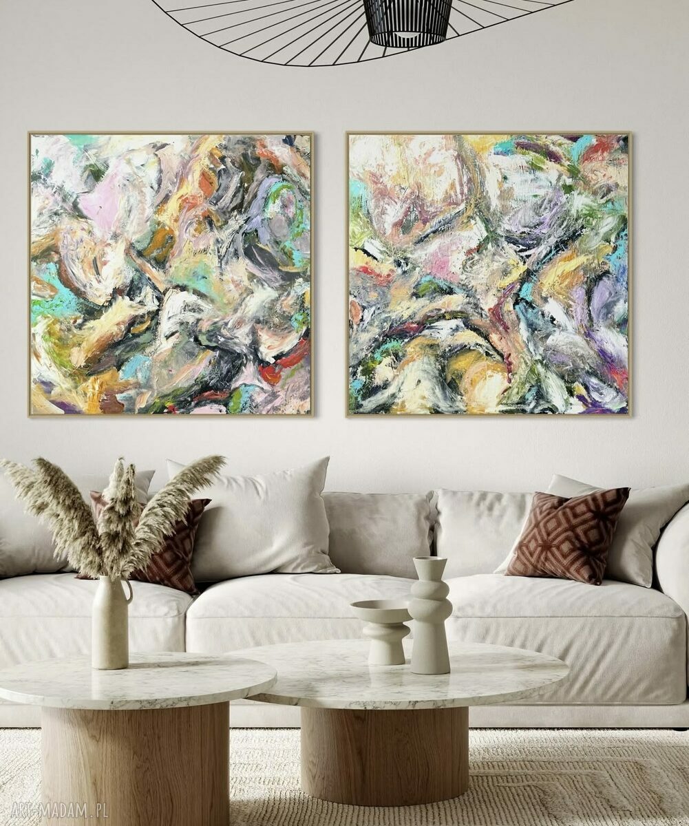 Zestaw dwóch obrazów abstrakcyjnych 80x80 cm - malowane akrylem na płótnie