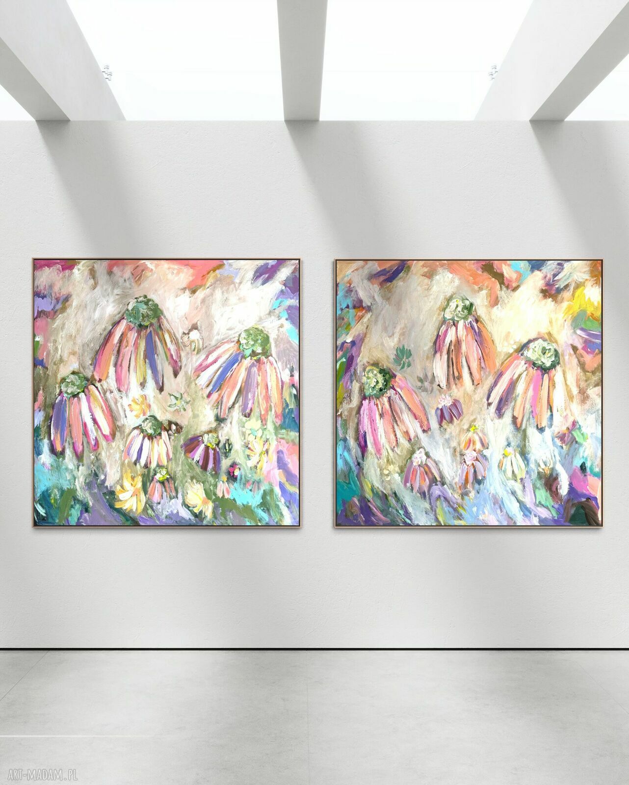 Zestaw nowoczesnych obrazów abstrakcyjnych 100x100 cm - kwiaty na płótnie (akryl)