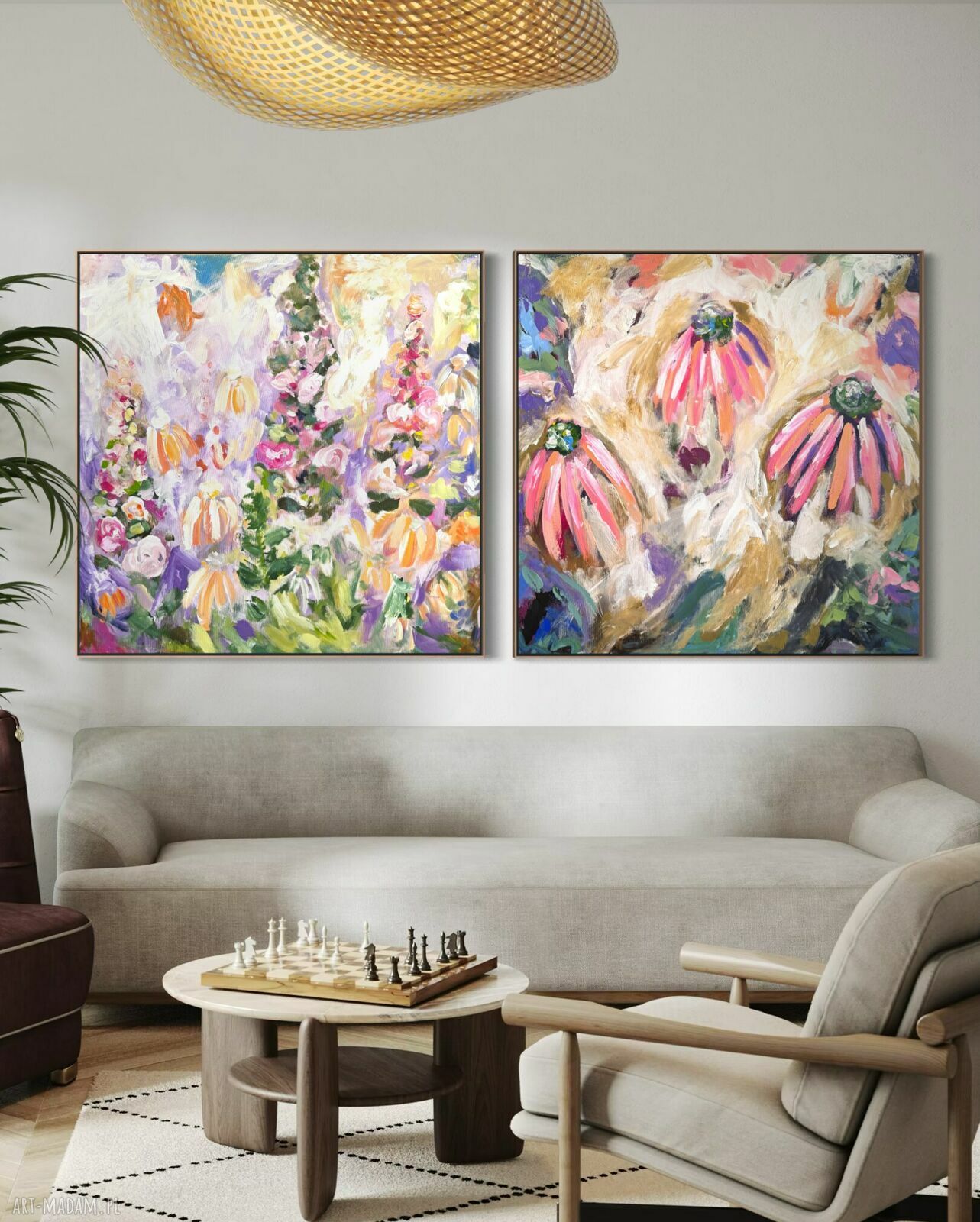 Zestaw ręcznie malowanych obrazów kwiatowych 80x80 cm na płótnie