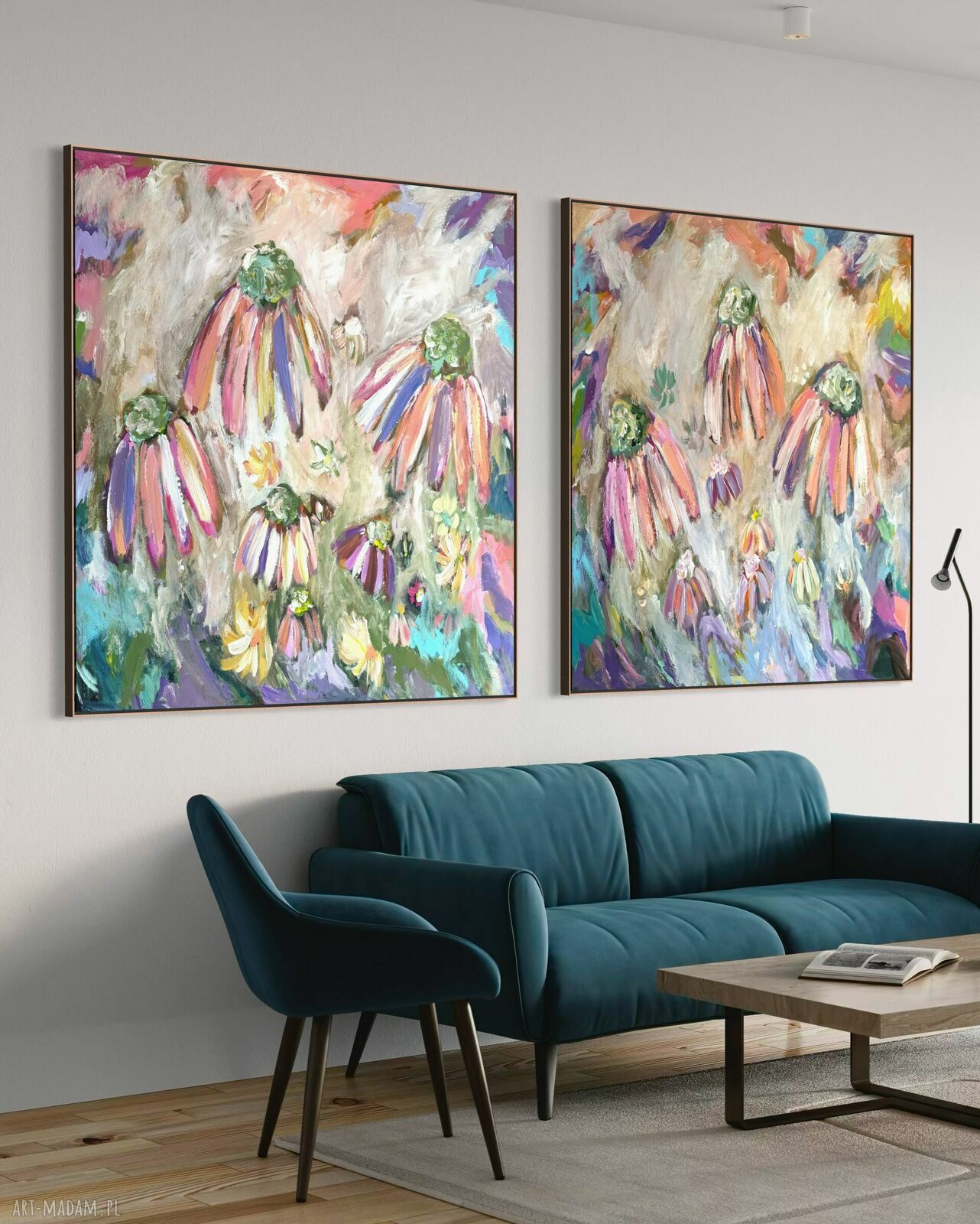 Zestaw nowoczesnych obrazów abstrakcyjnych 100x100 cm - kwiaty na płótnie (akryl)