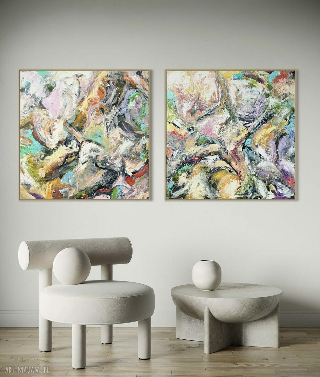 Zestaw dwóch obrazów abstrakcyjnych 80x80 cm - malowane akrylem na płótnie