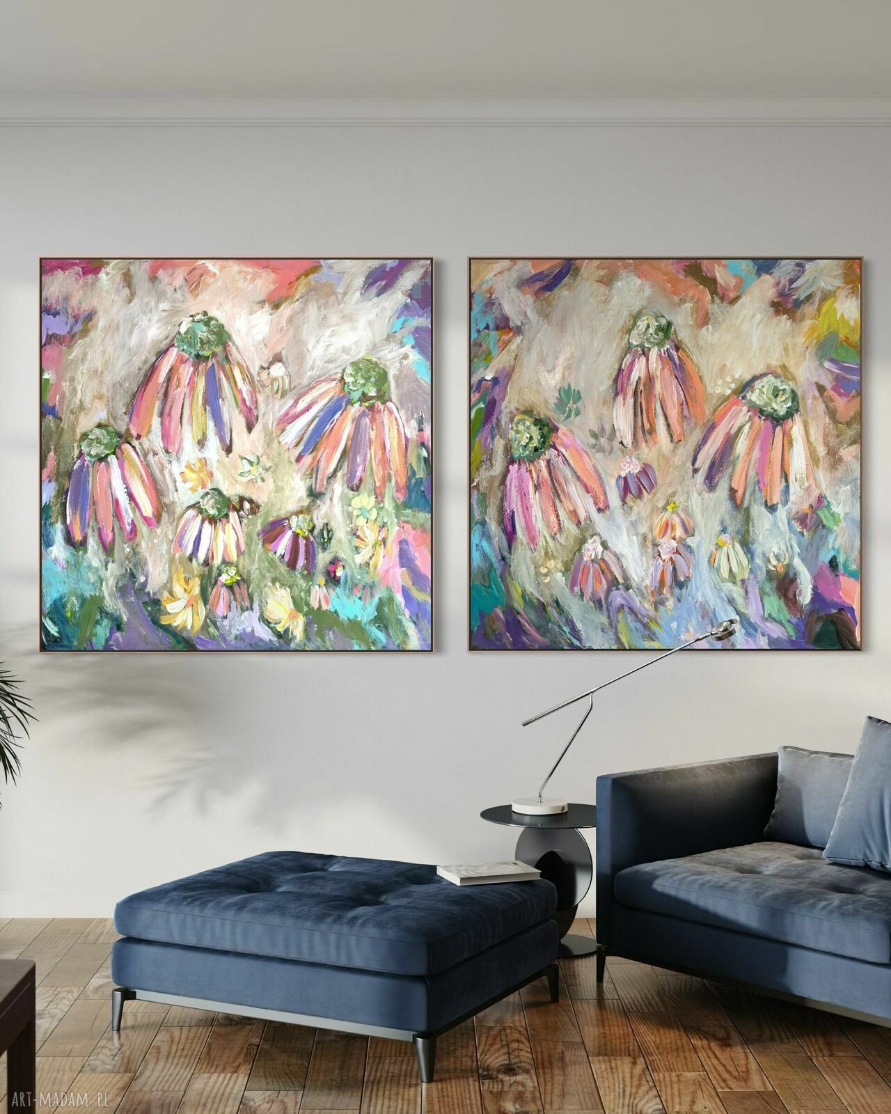 Zestaw nowoczesnych obrazów abstrakcyjnych 100x100 cm - kwiaty na płótnie (akryl)
