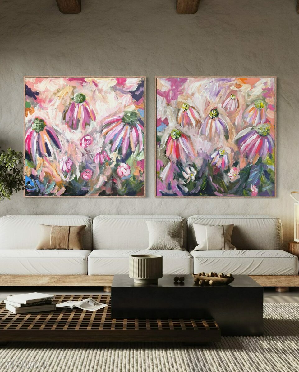 Zestaw kolorowych obrazów 100x100 cm - nowoczesna abstrakcja kwiaty