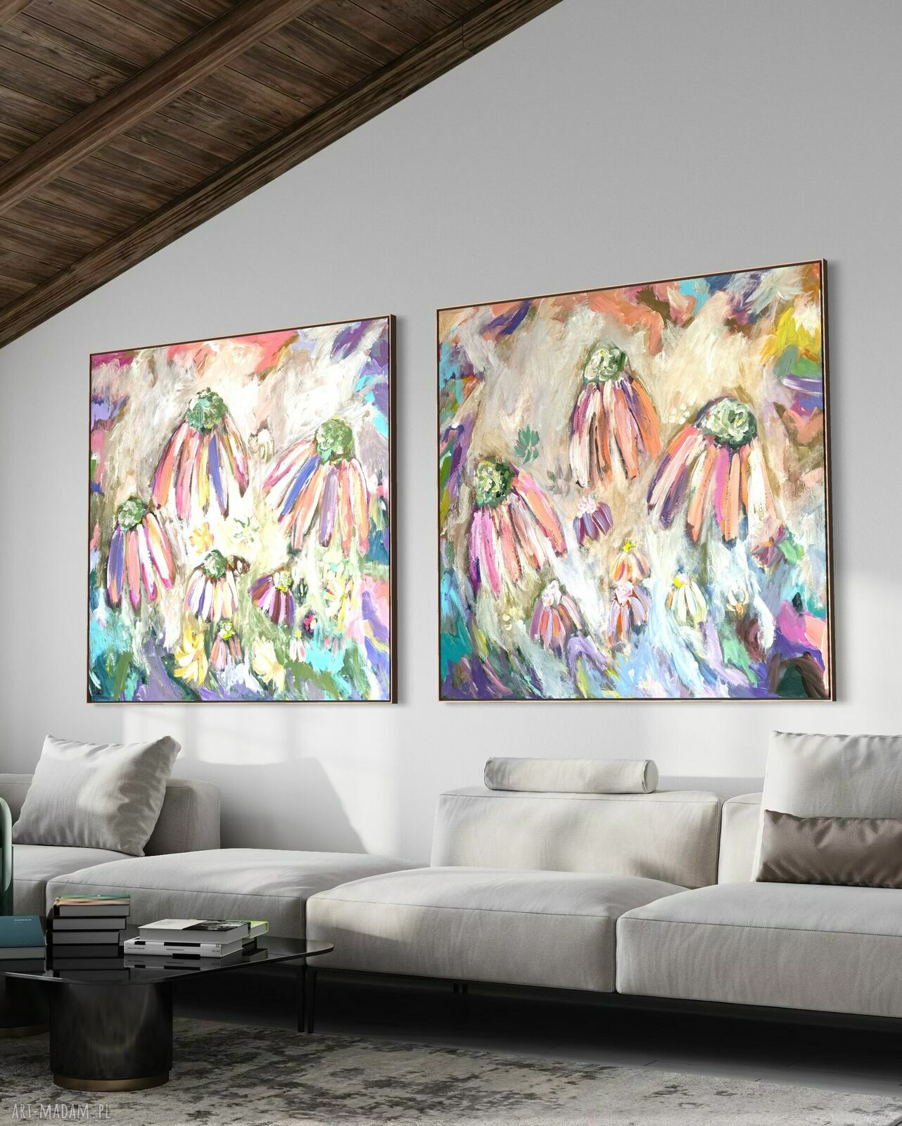 Zestaw nowoczesnych obrazów abstrakcyjnych 100x100 cm - kwiaty na płótnie (akryl)