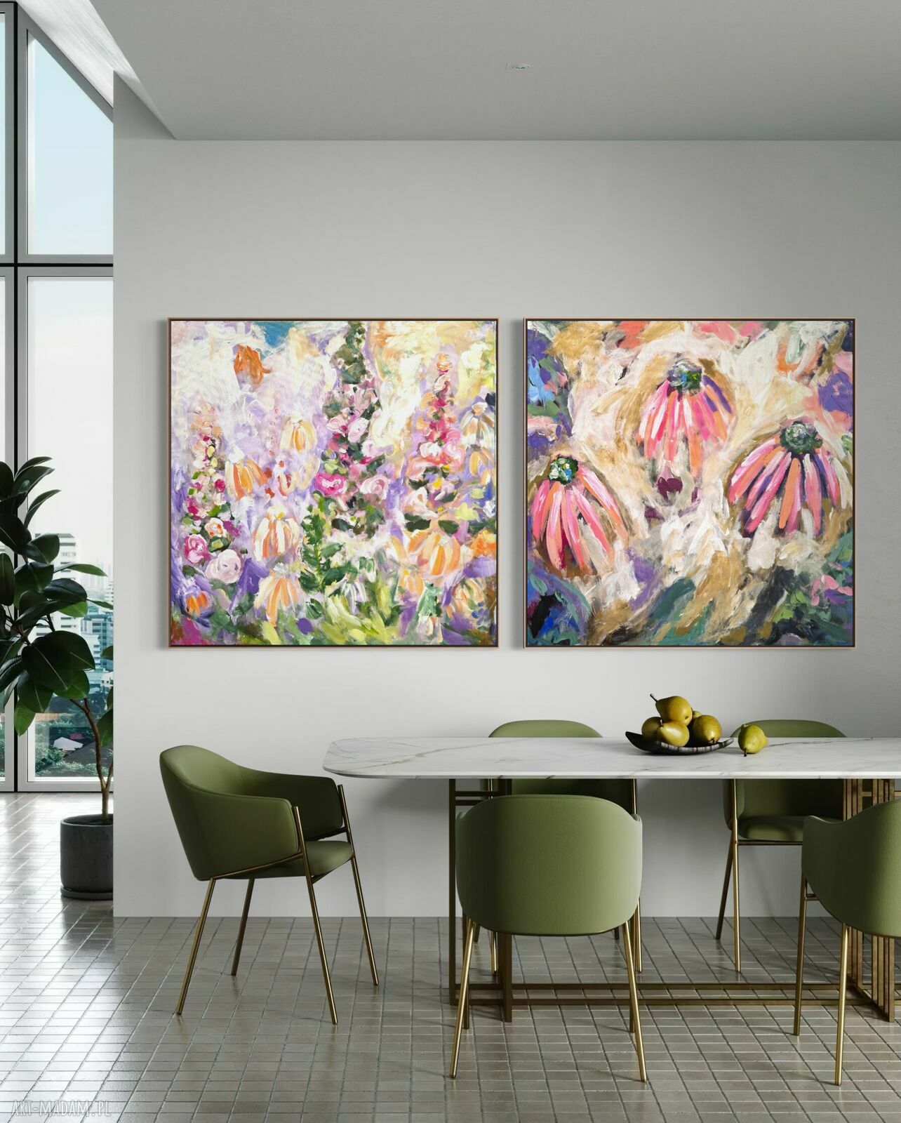 Zestaw ręcznie malowanych obrazów kwiatowych 80x80 cm na płótnie
