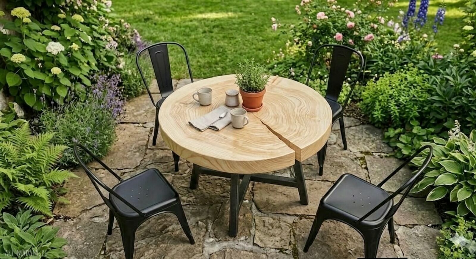 Zestaw ogrodowy LOFT: stół z litego jesionu 90 cm i 4 krzesła Tolix