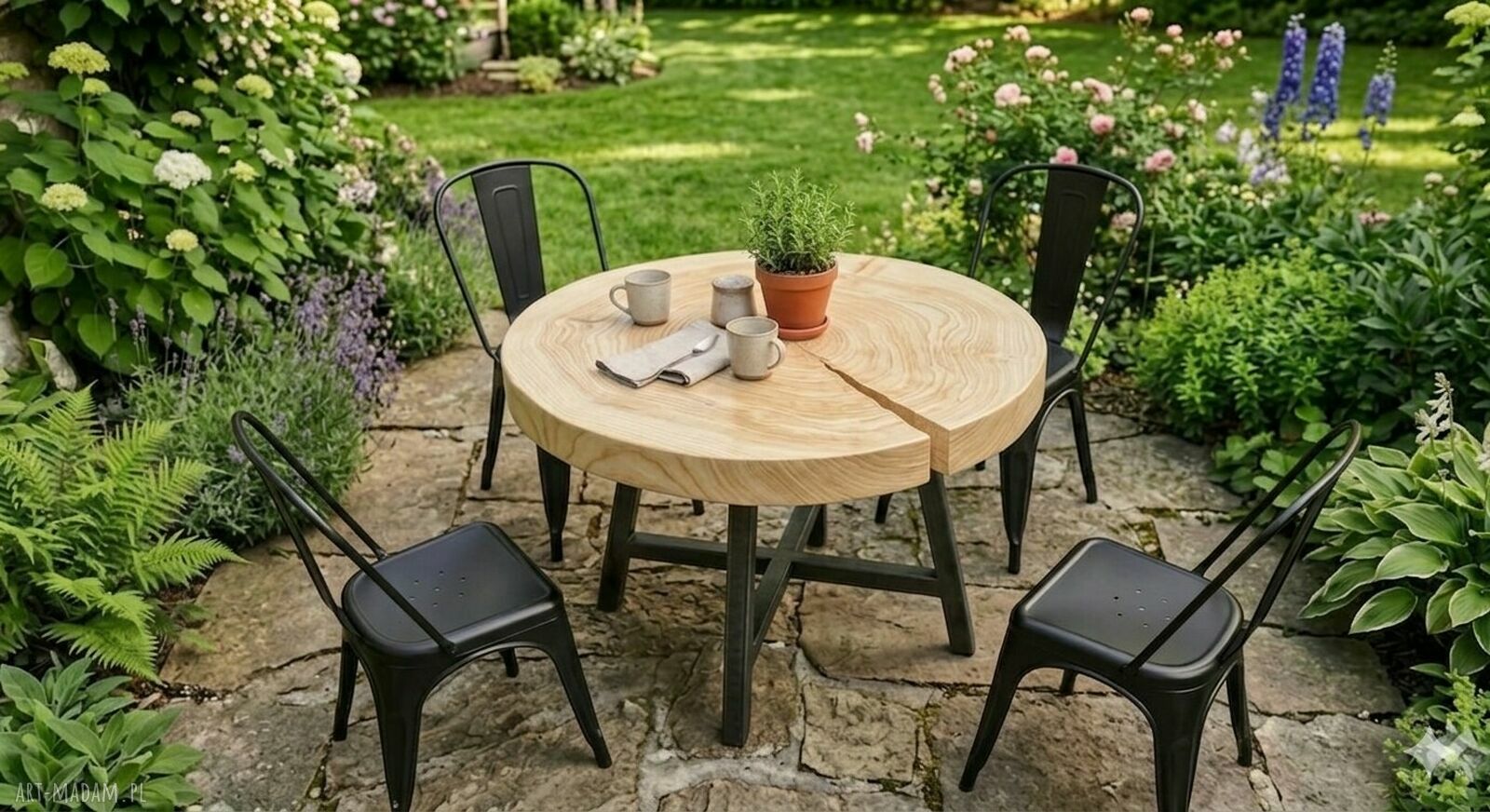 Zestaw ogrodowy LOFT: stół z litego jesionu 90 cm i 4 krzesła Tolix