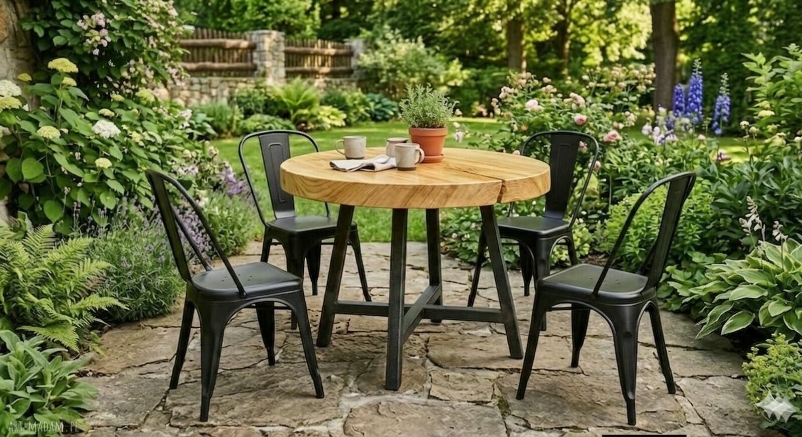 Zestaw ogrodowy LOFT: stół z litego jesionu 90 cm i 4 krzesła Tolix