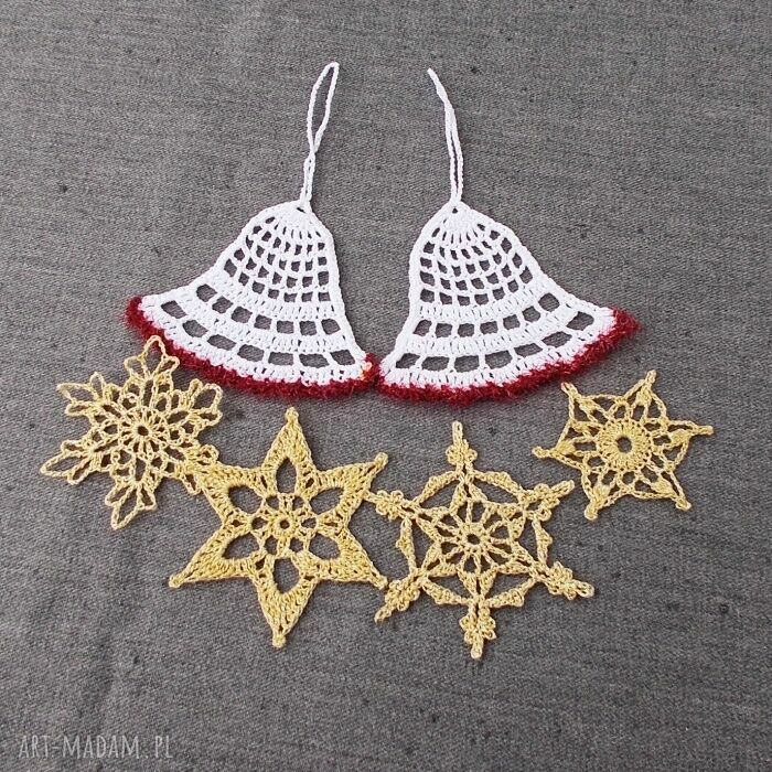 Handmade zestaw ozdób choinkowych - biało-złoto-bordowe gwiazdki i dzwoneczki