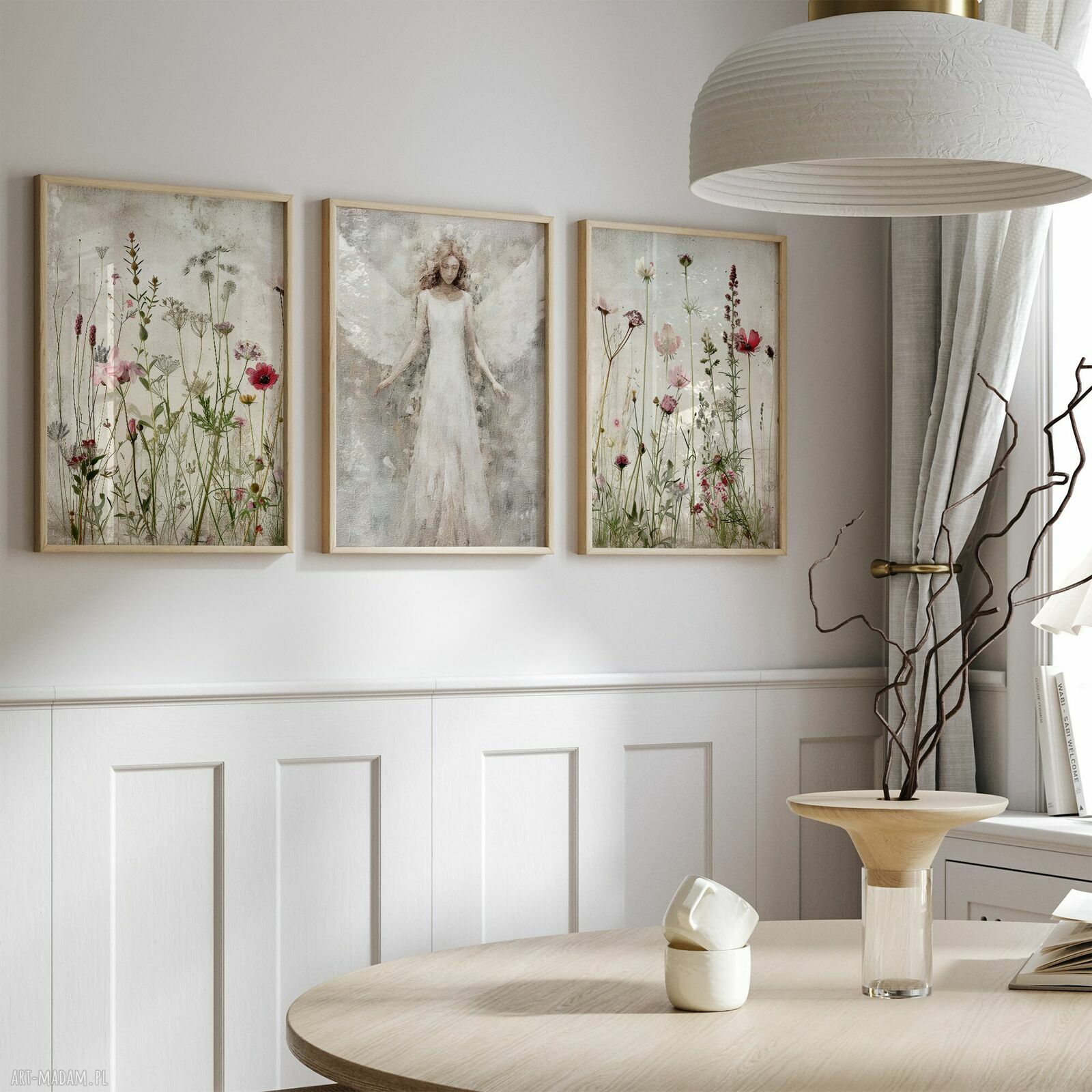 Tryptyk Łąka i Anioł 3x40x50 cm - anioły na ścianę do salonu