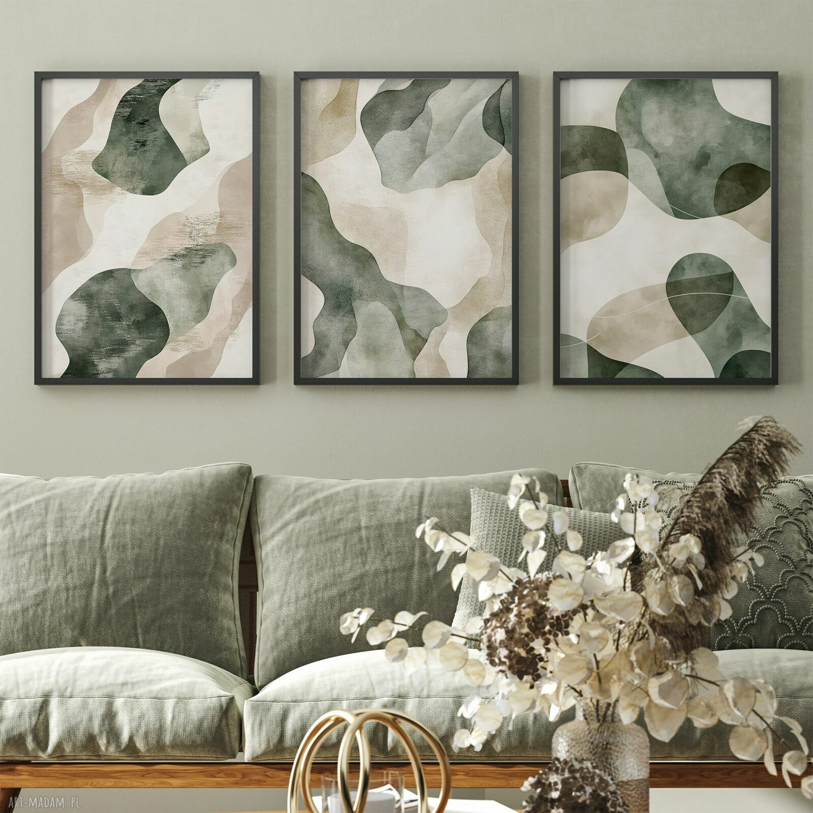 Zestaw plakatów 3x 50x70 cm Tryptyk abstrakcja - beż, zieleń i biel set243