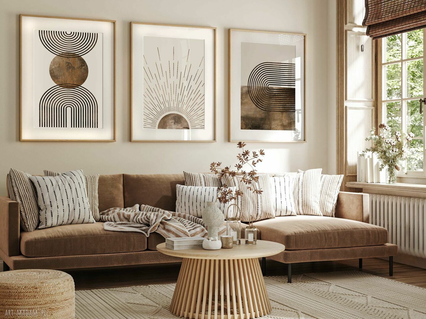 Zestaw 3 plakatów 40x50 cm boho w modnym stylu Mid Century Modern - abstrakcja geometryczna brąz i beż (tryptyk)