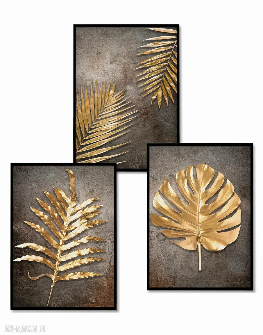 Tryptyk XXL - 3 plakaty 50x70 cm z złotymi tropikalnymi liśćmi (brąz i złoto)
