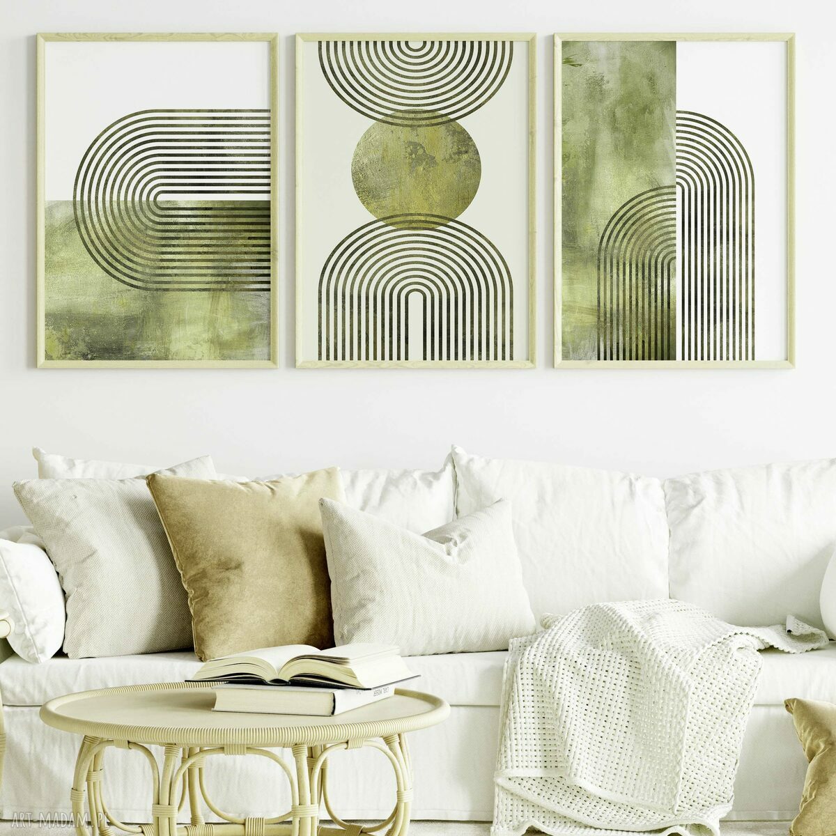 Tryptyk boho 40x50 cm - zestaw 3 zielonych plakatów Mid Century Modern