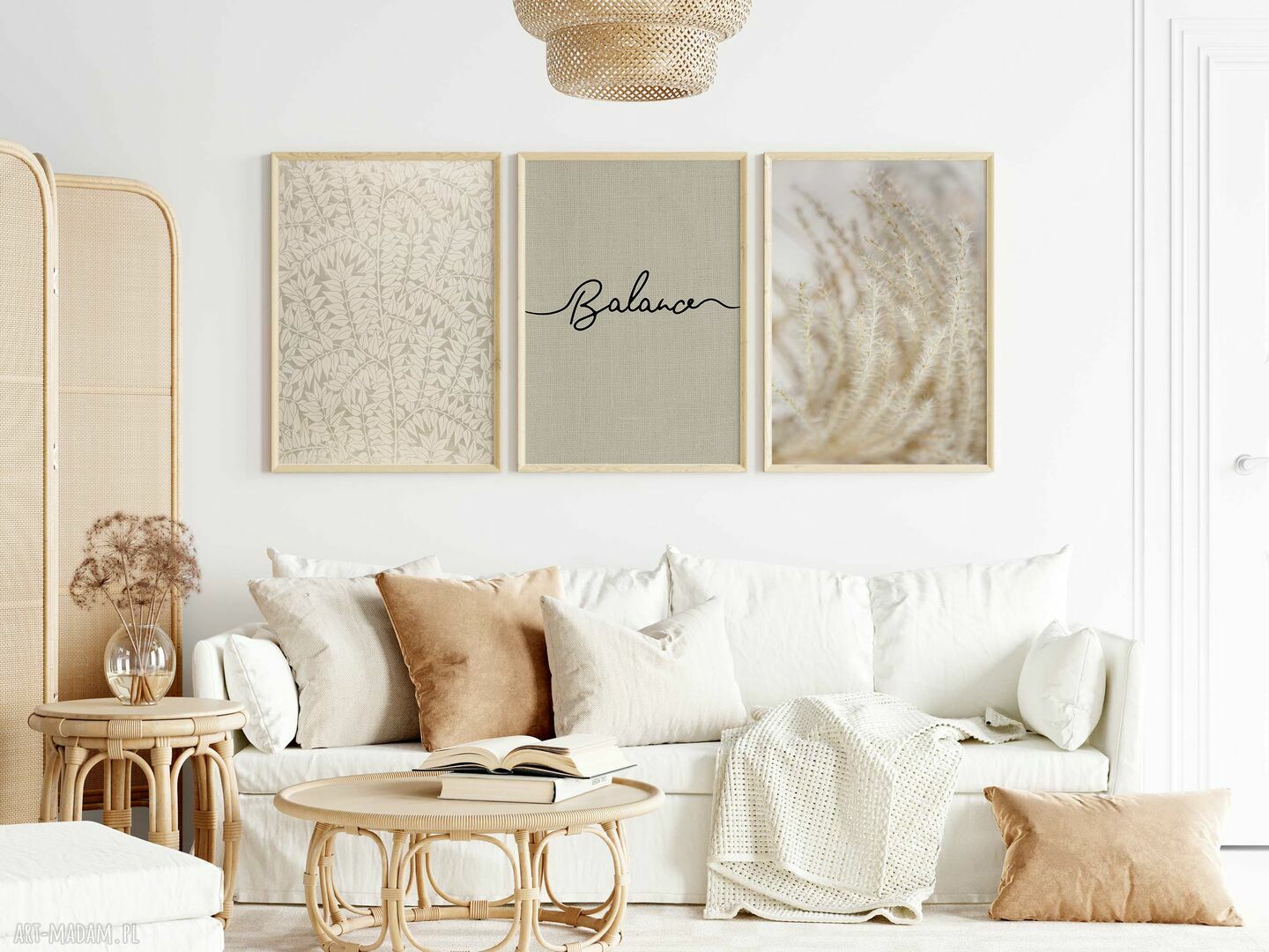 Tryptyk do salonu - zestaw plakatów 3x 30x40 cm w stylu boho (neutralne barwy)