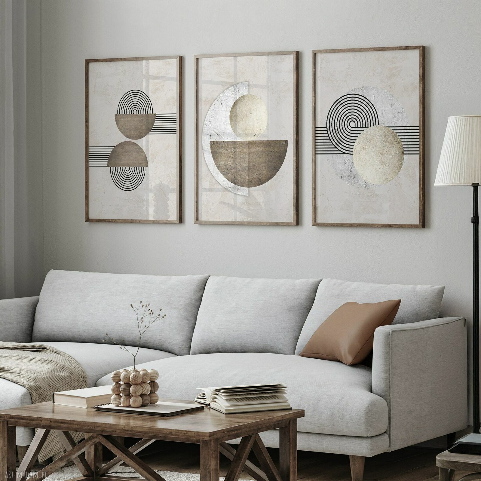 Tryptyk z plakatów 3x 61x91 cm - abstrakcja geometryczna w brązie, bieli i czerni