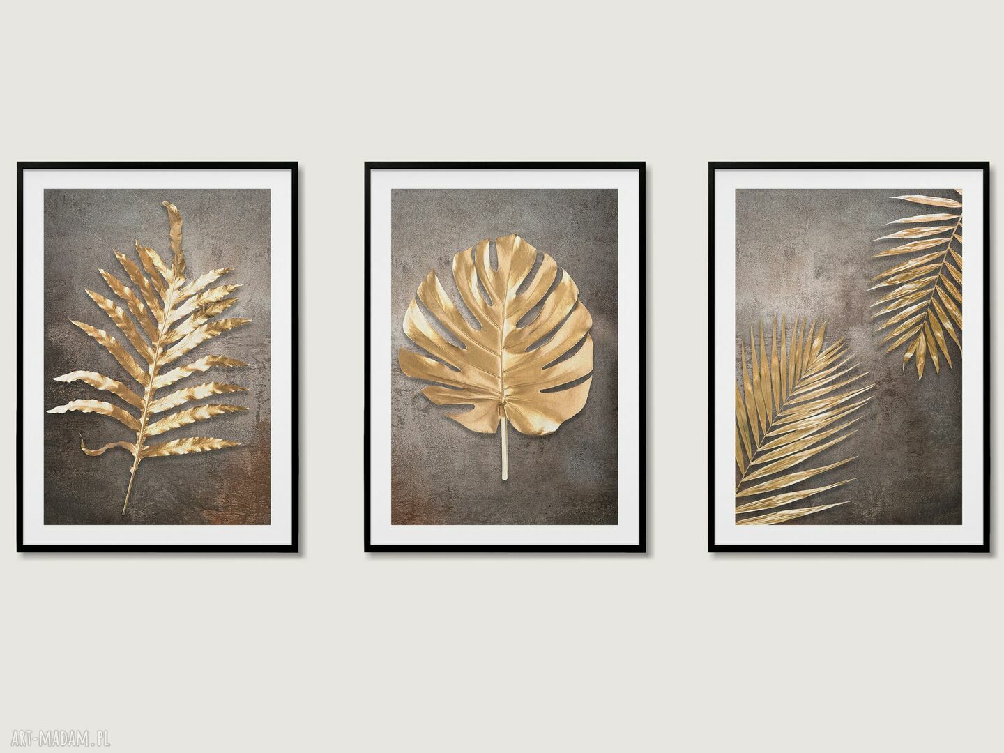 Tryptyk XXL - 3 plakaty 50x70 cm z złotymi tropikalnymi liśćmi (brąz i złoto)
