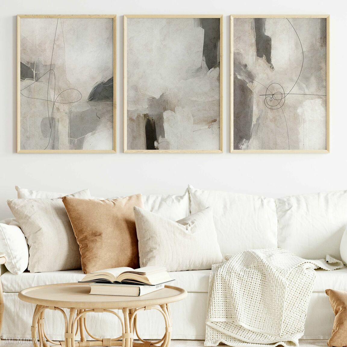 Tryptyk abstrakcji 3 plakaty 40x50 cm w beżu i szarości - neutralna galeria ścienna