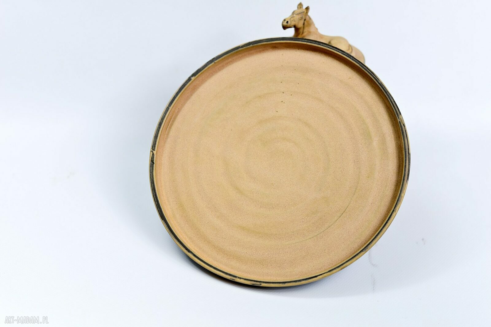 Zestaw ceramiczny pojemnik z figurką konia i talerz beżowo-czekoladowy 23 cm