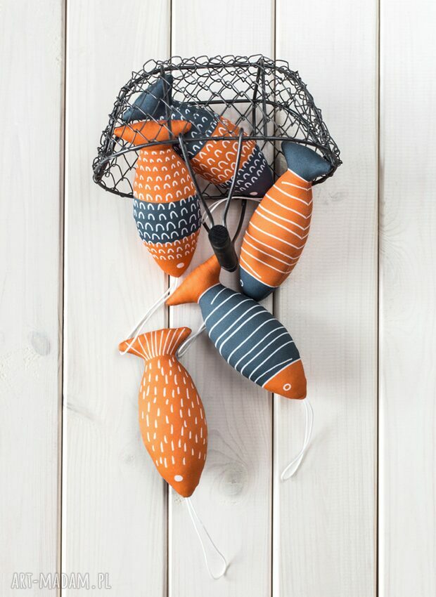 Skandynawska dekoracja ryby - zestaw 5 miękkich rybek szaro-pomarańczowych (handmade)