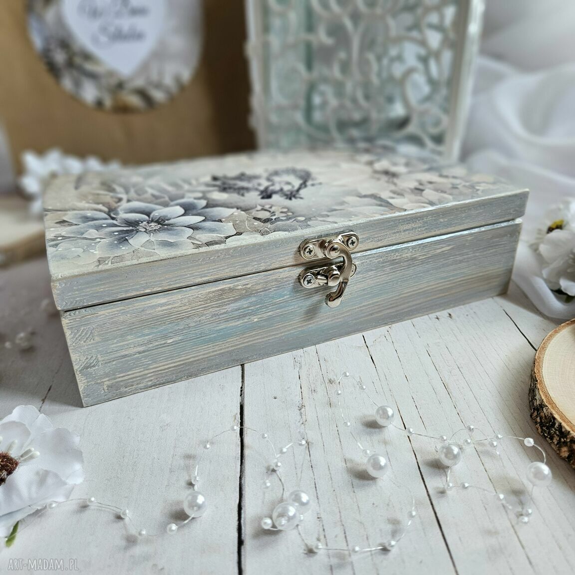 Zestaw prezentowy na ślub: pudełko decoupage i kartka personalizowana A6