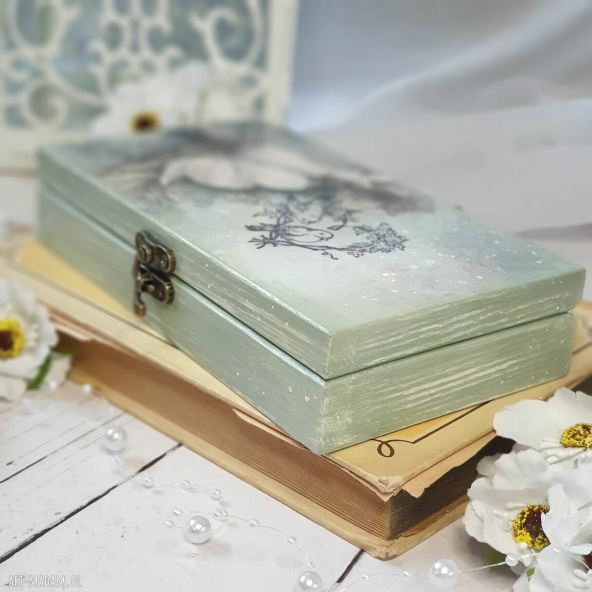 Zestaw prezentowy na ślub: pudełko decoupage, karteczka A6 i torebka