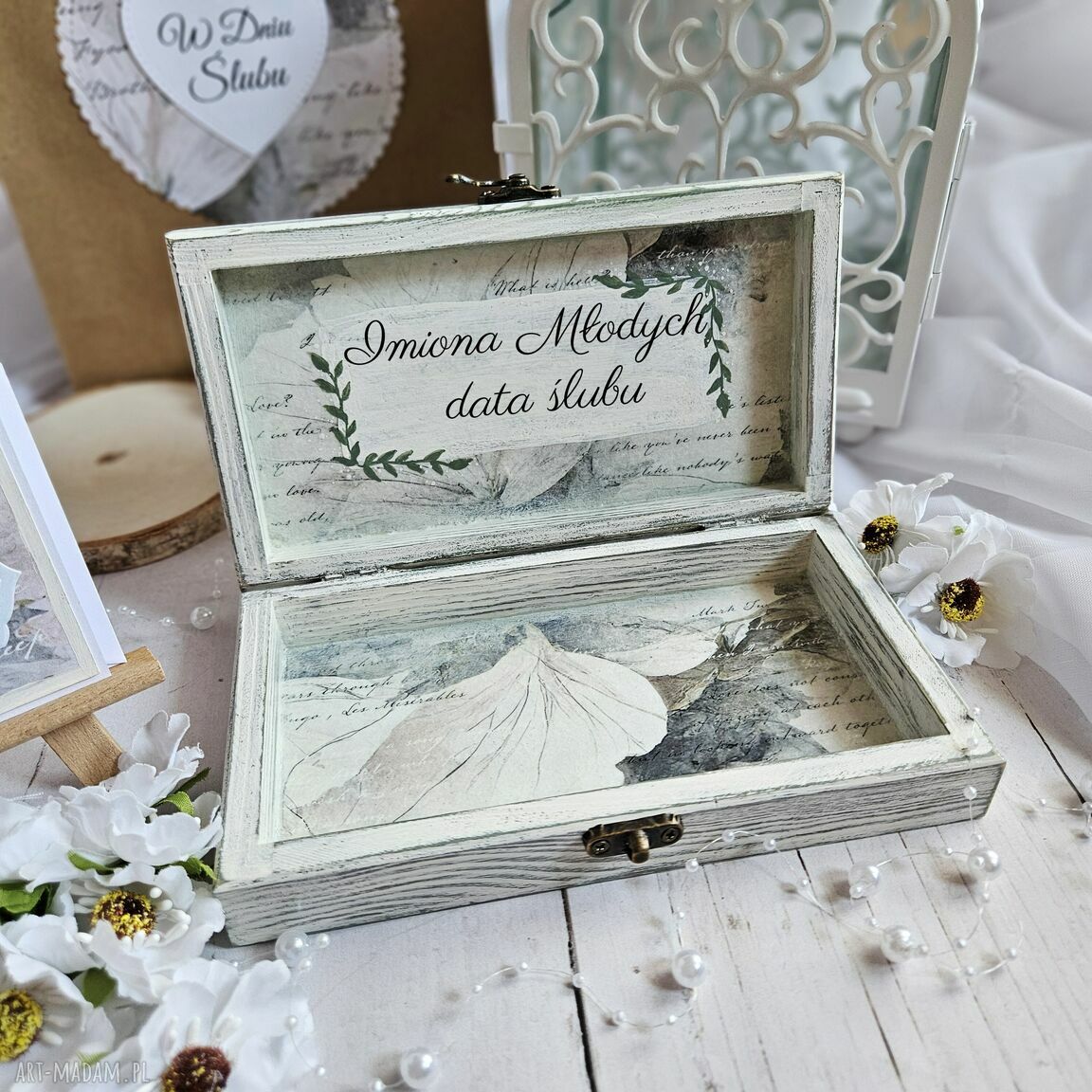 Personalizowany zestaw ślubny z pudełkiem na pieniądze i kartką A6 (decoupage)