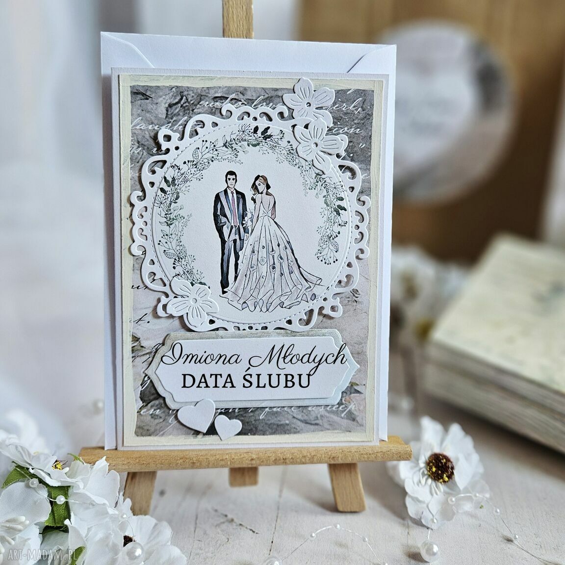 Personalizowany zestaw ślubny z pudełkiem na pieniądze i kartką A6 (decoupage)