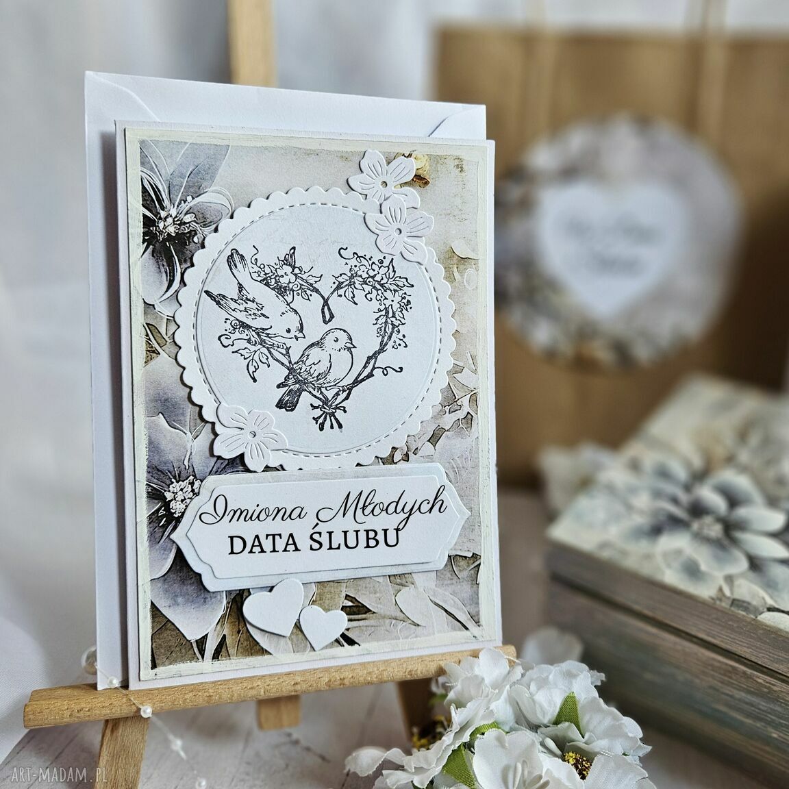 Zestaw prezentowy na ślub: pudełko decoupage i kartka personalizowana A6