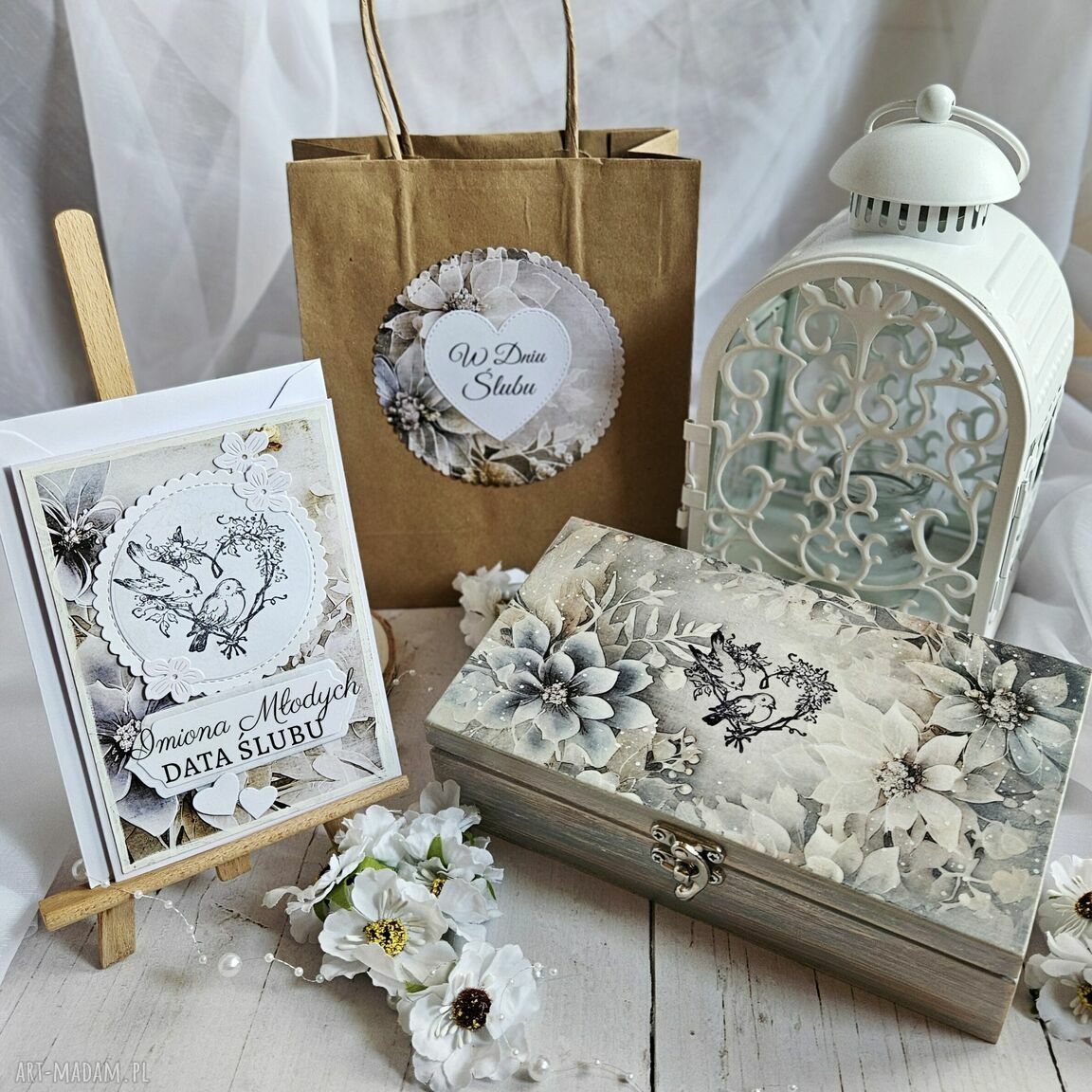 Ślubny zestaw decoupage na pudełko z personalizowaną karteczką
