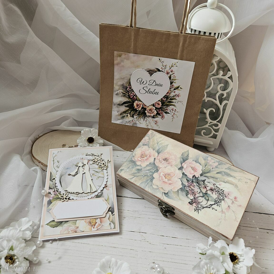 Zestaw prezentowy ślub pudełko karteczka personalizowana torebka