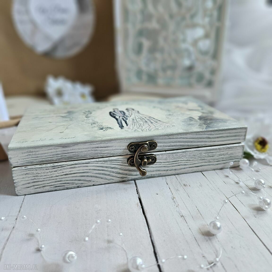 Zestaw prezentowy na ślub pudełko decoupage z karteczką A6