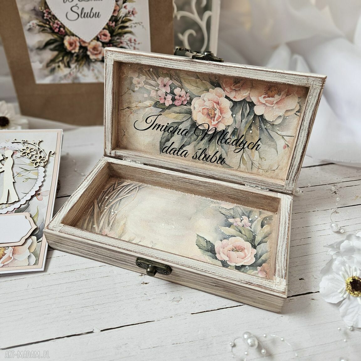 ślub: Zestaw prezentowy na ślub: pudełko, karteczka personalizowana, torebka