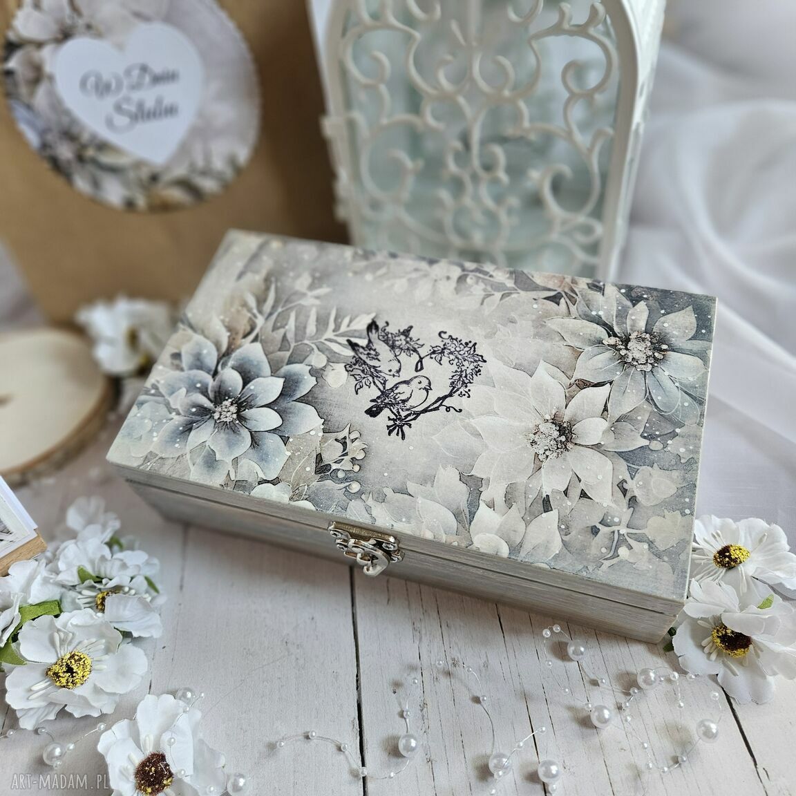 Ślubny zestaw decoupage na pudełko z personalizowaną karteczką