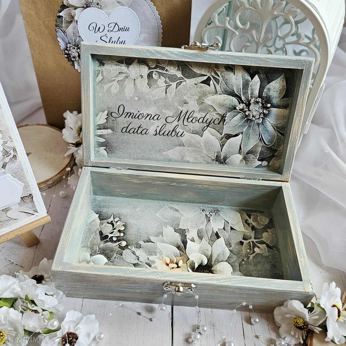 Ślubny zestaw decoupage na pudełko z personalizowaną karteczką