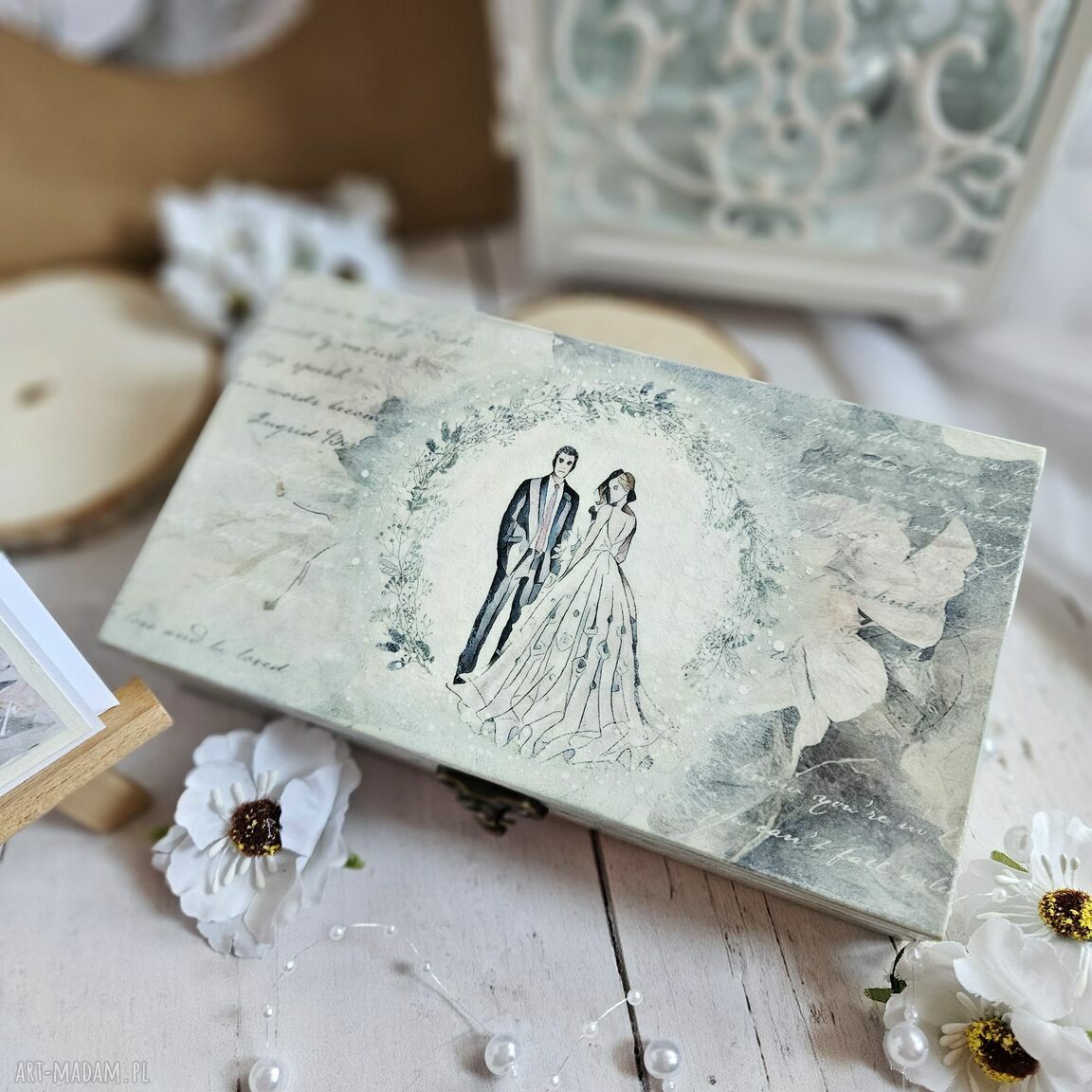 Zestaw prezentowy na ślub pudełko decoupage z karteczką A6
