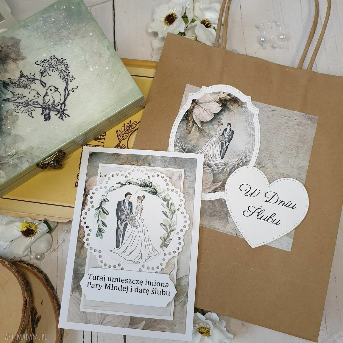 Zestaw prezentowy na ślub: pudełko decoupage, karteczka A6 i torebka