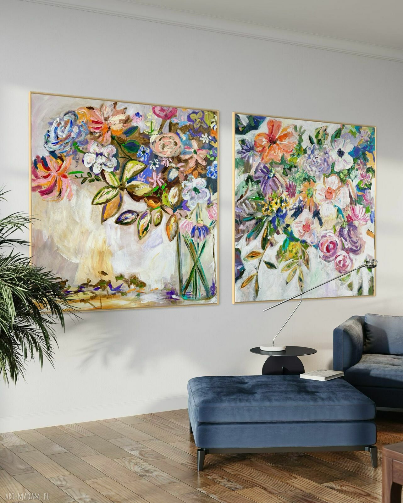 Ręcznie malowany kwiatowy zestaw obrazów na płótnie 110x110 cm