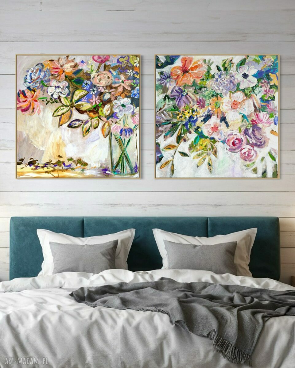 Ręcznie malowany kwiatowy zestaw obrazów na płótnie 110x110 cm