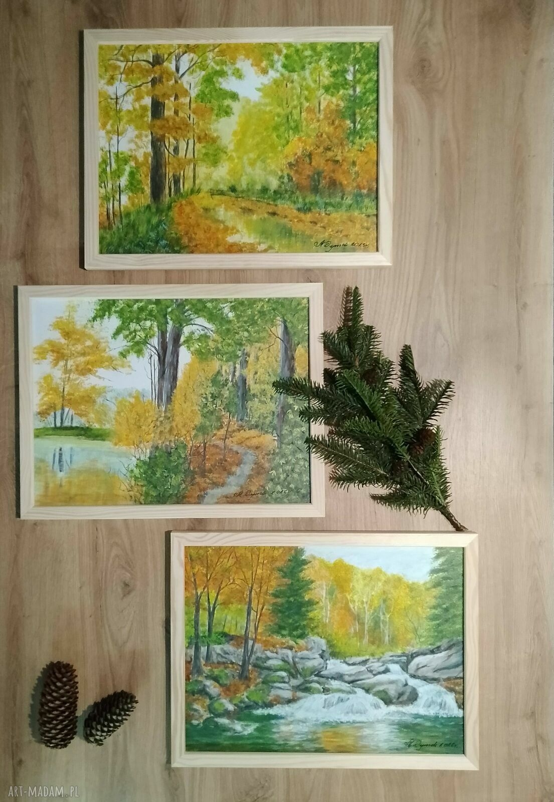 Tryptyk jesienny - ręcznie malowane obrazy akrylowe z ramami 3x40x30 cm